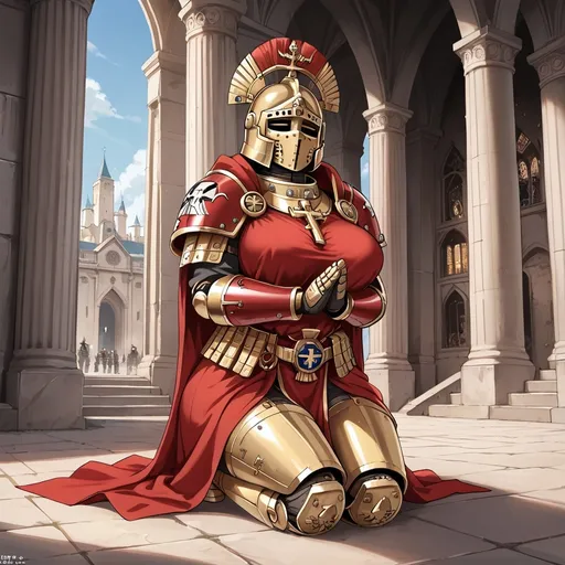 Prompt: A curvy female knight, black power armor, red robes, fully enclosed helmet, Warhammer 40k, kneeling in an ancient cathedral, praying