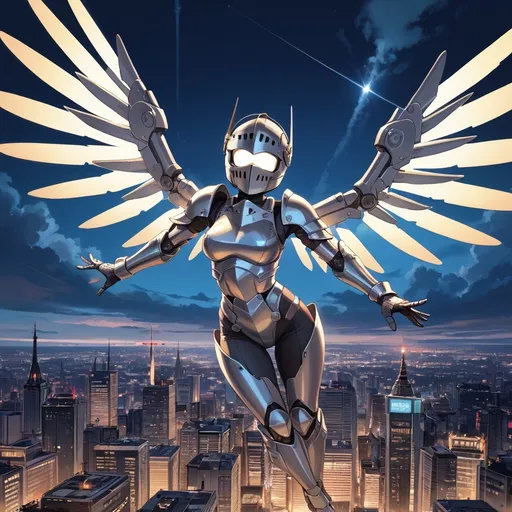 Prompt: Female knight, curvy, athletic, full face helmet, glowing eye slits, heavy armor with a dieselpunk aesthetic, mechanical wings, flying, anime style, city at night