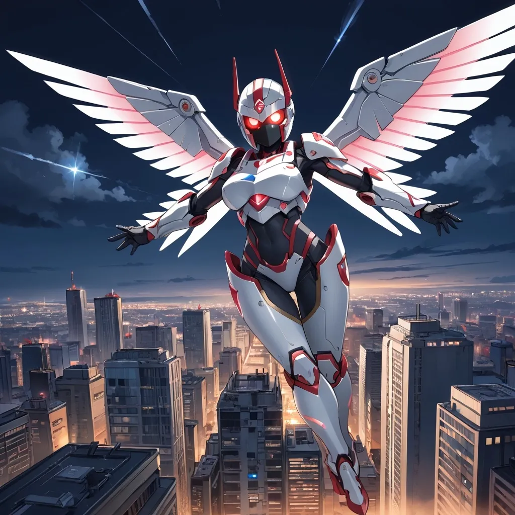 Prompt: Woman, full face helmet, glowing eye slits, heavy power armor, mechanical wings, curvy, athletic, flying, anime style, city at night