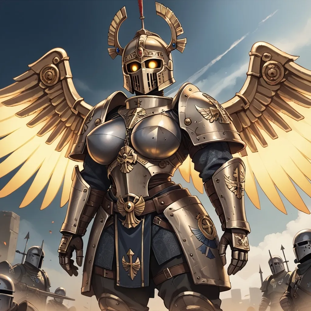 Prompt: Female knight, curvy, muscular, full face helmet, glowing golden eye slits, heavy black armor, large glowing wings, twin headed eagle motif, Warhammer 40k