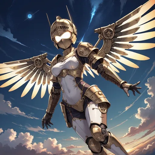 Prompt: Female knight, curvy, athletic, full face helmet, glowing eye slits, heavy armor with a steampunk aesthetic, mechanical wings, flying, anime style, 1800’s London, night