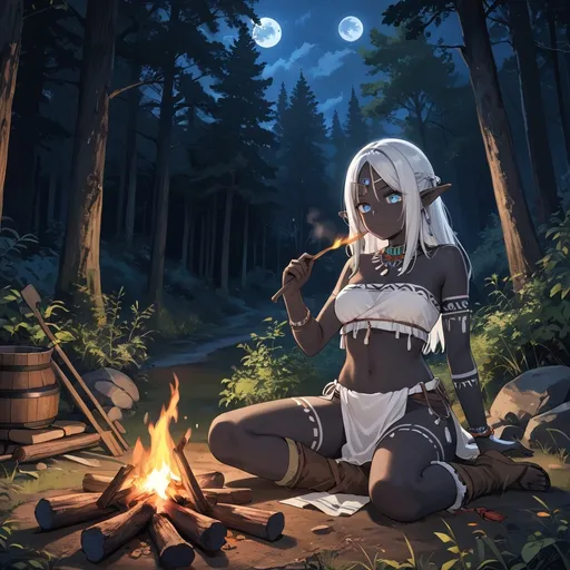 Prompt: A tribal elf woman, black skin, white hair, sitting by a campfire, forest at night, high quality