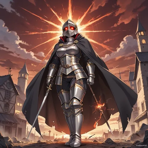 Prompt: Female knight, curvy, muscular, long black cloak, heavy black armor with a steampunk aesthetic, full face helmet, glowing eye slits, menacing aura, destroyed medieval city, thick smoke, red sky