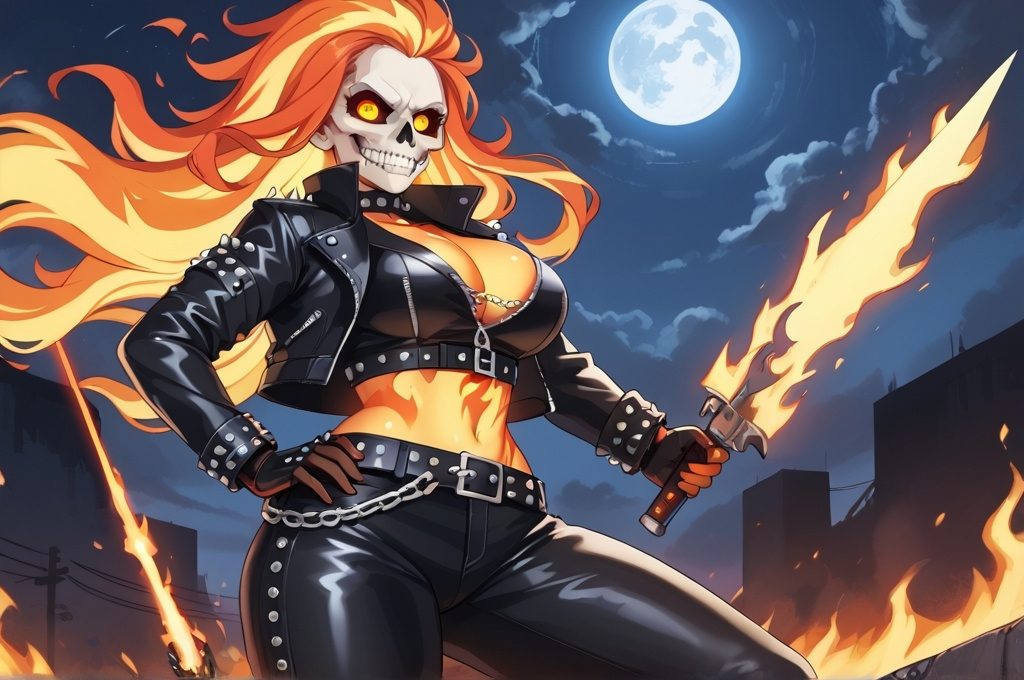 Prompt: Woman, curvy, studded leather attire, biker jacket, skull face, flaming hair, flaming skin, wielding chains, night