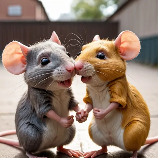 Prompt: remi and rody the rat holding hands and looking into eachothers eyes while smilling 