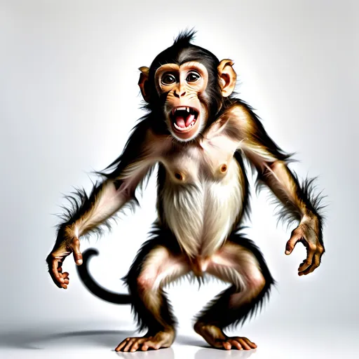 Prompt: photorealistic image of a real monkey dancing, joyful expression, playful poses, detailed fur texture, bright eyes, white background providing a stark contrast, capturing the essence of movement, high dynamic range lighting, ultra-detailed, vivid realism, emphasizing the spontaneity and charm of the monkey's dance.