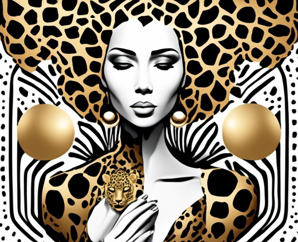 Prompt: Divine, self love, balance, leopard, balance, cubes in the background of the drawing, line drawing, bold lines, logo, minimalist, modern, clean, professional, black and gold <mymodel>