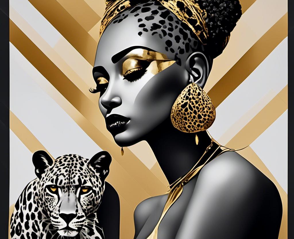 Prompt: Divine, self love, balance, leopard, woman, balance, cubes in the background of the drawing, line drawing, bold lines, minimalist, modern, clean, professional, black and gold <mymodel>