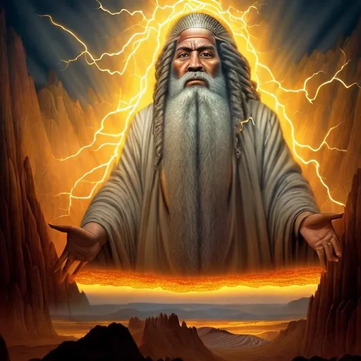 Prompt: a stunningly realistic and high-definition image depicting the pivotal moment of Moses descending Mount Sinai, carrying the Ten Commandments as described in the Catholic Bible. Envision Moses with an aura of divine radiance, surrounded by the symbolic elements of lightning, fire, and pillars of smoke, emphasizing the sacred nature of the event. Capture the intricate details of Moses's expression, portraying a mix of reverence and solemnity. Pay careful attention to historical accuracy and adhere to the visual representations found in traditional Catholic iconography. Use advanced AI techniques to render the scene with lifelike textures, lighting, and shadows, creating a masterpiece that not only reflects the biblical narrative but also evokes a deep sense of spiritual significance.