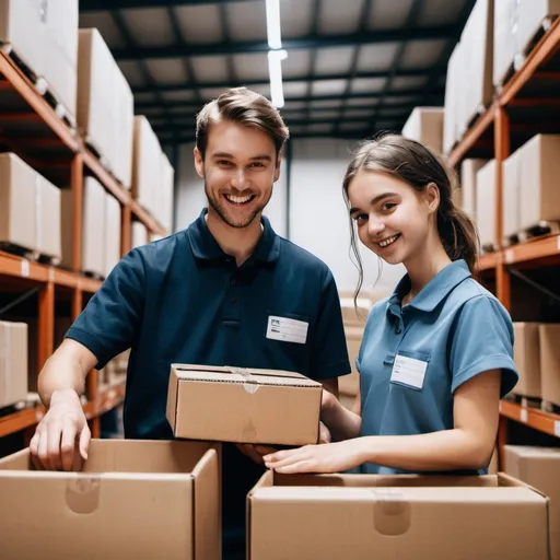 Prompt: a guy and a girl are sorting goods into boxes in a warehouse. the guy and the girl are dressed in work uniforms, smiling.