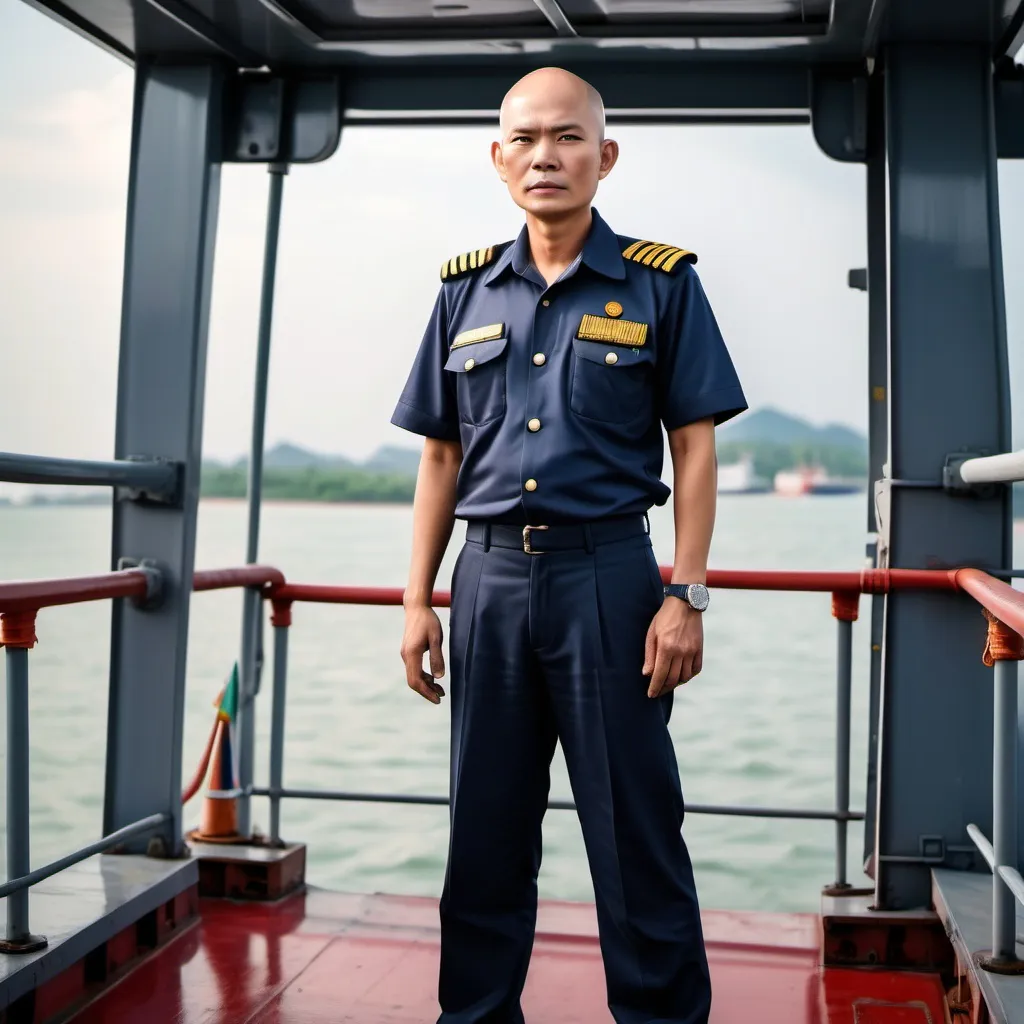 Prompt: thai captain of merchant ship with no hair and a full body in uniform, standing on navigation bridge container vessel