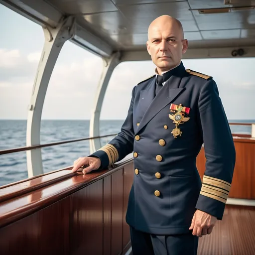 Prompt: captain of merchant ship with no hair and a full body in uniform, standing on navigation bridge