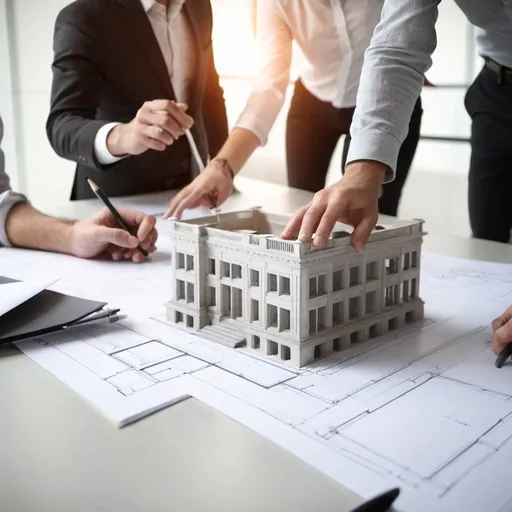 Prompt: group of architects working on a design idea in meeting desk. make sure no faces are seen in the image. avoid faces only hands in action and close up to the table