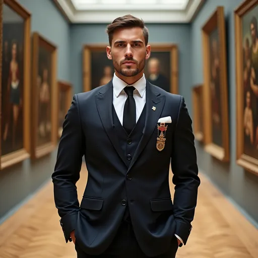 Prompt: 
"A male security guard in a sleek and neat uniform, inside a museum with luxurious paintings displayed on the walls."
