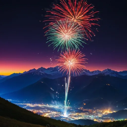 Prompt: colorful fireworks over mountains