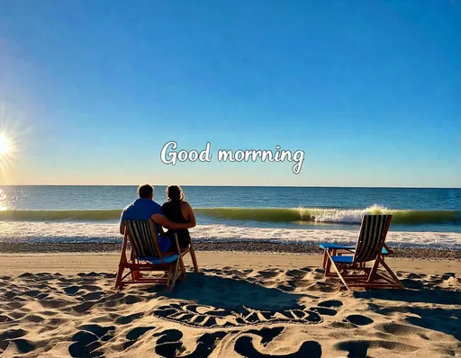 Prompt: Image of a photograph of a beach with a view of the surging sea at sunrise. Baltic Sea beach with beach chairs, a heart is drawn in the sand. The silhouette of a couple looking out to sea. "Good morning" is written shimmering and sparkling in the sky. Very detailed, evoking longing, romantic mood