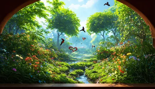Prompt: A stunning look outside a window into a vibrant, amazing world full of flora and fauna and life. Vibrant plants and flowers. a tiny, little creek flows by. Little birds fly by in a (heart-shaped formation) . Amazing outstanding art piece, as seen on artstation, ultra high quality, unreal engine