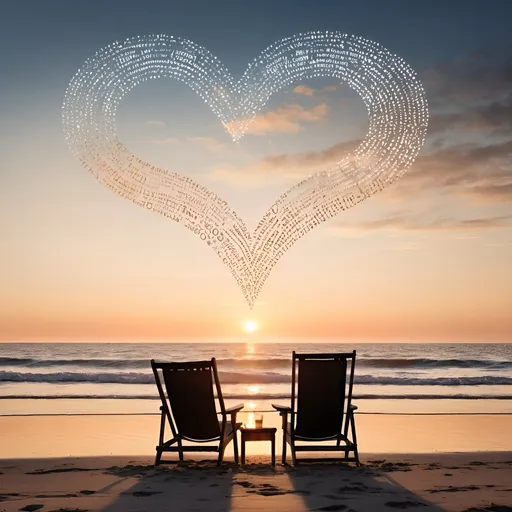 Prompt: Image of a photograph of a beach with a view of the surging sea at sunrise. Baltic Sea beach with beach chairs, a heart is drawn in the sand. The silhouette of a couple looking out to sea. "Good morning" is written shimmering and sparkling in the sky. Very detailed, evoking longing, romantic mood