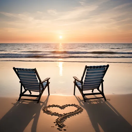 Prompt: Image of a photograph of a beach with a view of the surging sea at sunrise. Baltic Sea beach with beach chairs, a heart is drawn in the sand. The silhouette of a couple looking out to sea. "Good morning" is written shimmering and sparkling in the sky. Very detailed, evoking longing, romantic mood