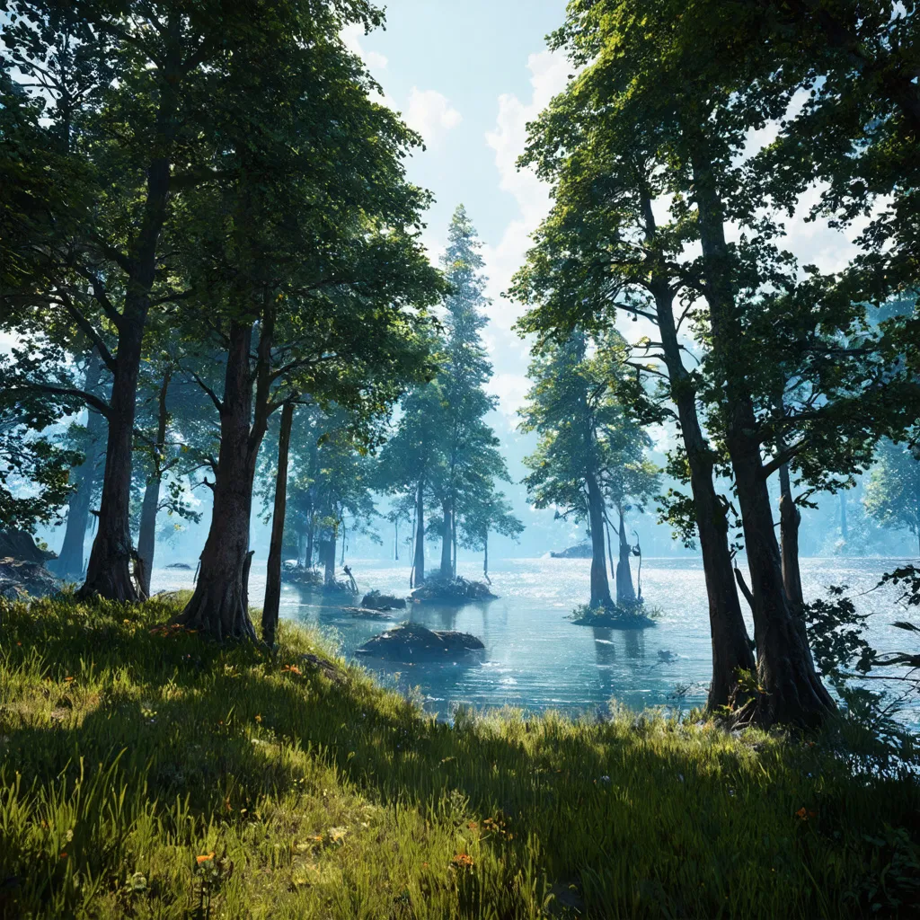 Prompt: a mysterious forest next to a lake, high quality, unreal engine