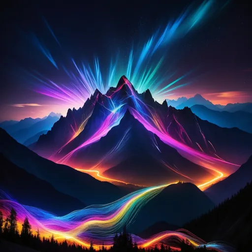 Prompt: light painting mountain, stunning peaks illuminated by vibrant trails of light, a mesmerizing interplay of colors dancing across the dark silhouette of the mountain range, ethereal atmosphere with a breathtaking night sky filled with stars, dynamic movement in the light; ultra-detailed, high-quality, vivid colors, enchanting magical ambiance, perfect for capturing the wonder of nature through artistic expression.