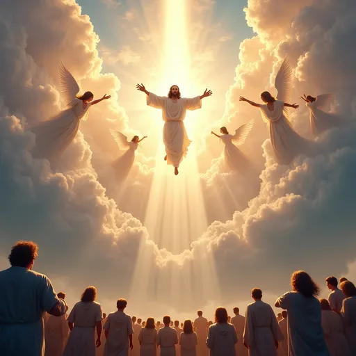 Prompt: Jesus Christ descending from the clouds in radiant glory, surrounded by ethereal angels, people gazing upwards in awe, divine light illuminating the scene, a sense of heavenly serenity, soft pastel colors blending beautifully, majestic atmosphere, dramatic cloud formations, spiritual energy radiating, ultra-detailed, high definition, a breathtaking celestial moment.