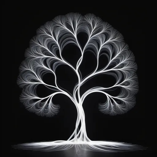 Prompt: White tree shaped light painting, black backdrop, minimalistic design, elegant line art, soft illumination with a subtle glow, modern aesthetic, serene ambiance, high contrast, abstract art, captivating simplicity, delicate curves, artistic expression, high-definition, ultra-detailed, refined composition, ethereal and calming atmosphere, emphasizing tranquility and elegance.
