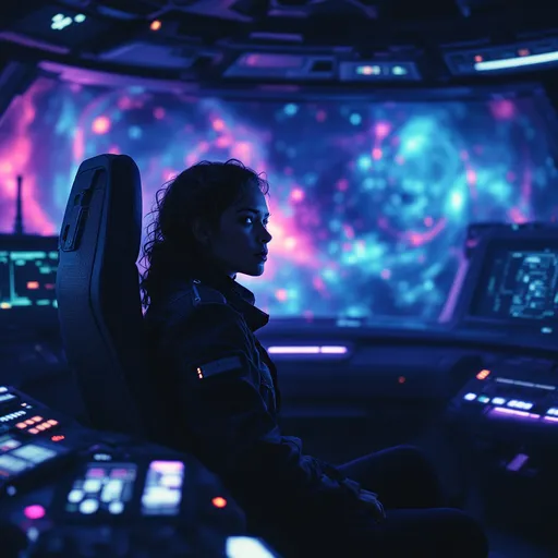 Prompt: A starship captain, sitting alone in a futuristic cockpit, focused gaze overlooking the cosmos, hyperspace swirling vibrant colors reflecting in their tired eyes, serene but contemplative expression, sleek control panels illuminated by soft neon lights, ambient blue and purple tones creating a cosmic atmosphere, hints of distant stars in the vast background, high-detailed, ultra-realistic, capturing the emotional solitude of space travel.