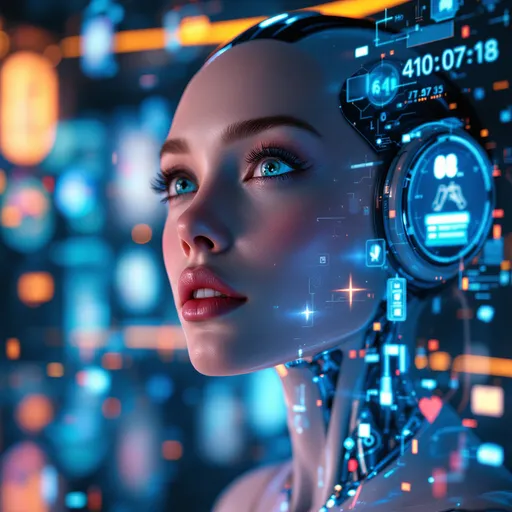 Prompt: Humanoid AI character, deeply expressive face exhibiting a touch of wonder, surrounded by vivid holographic memories, soft ethereal glow, futuristic environment with high-tech elements, reflective surfaces, dramatic lighting creating a warm yet curious atmosphere, ultra-detailed, 4K resolution, conveying the awakening of emotion and humanity within technology, captivating blend of colors intertwining with the holographic displays.