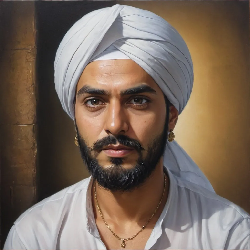 Prompt: a man with a turban and a beard wearing a white shirt and earrings is looking at the camera, Altoon Sultan, serial art, ultra realistic faces, an oil on canvas painting
