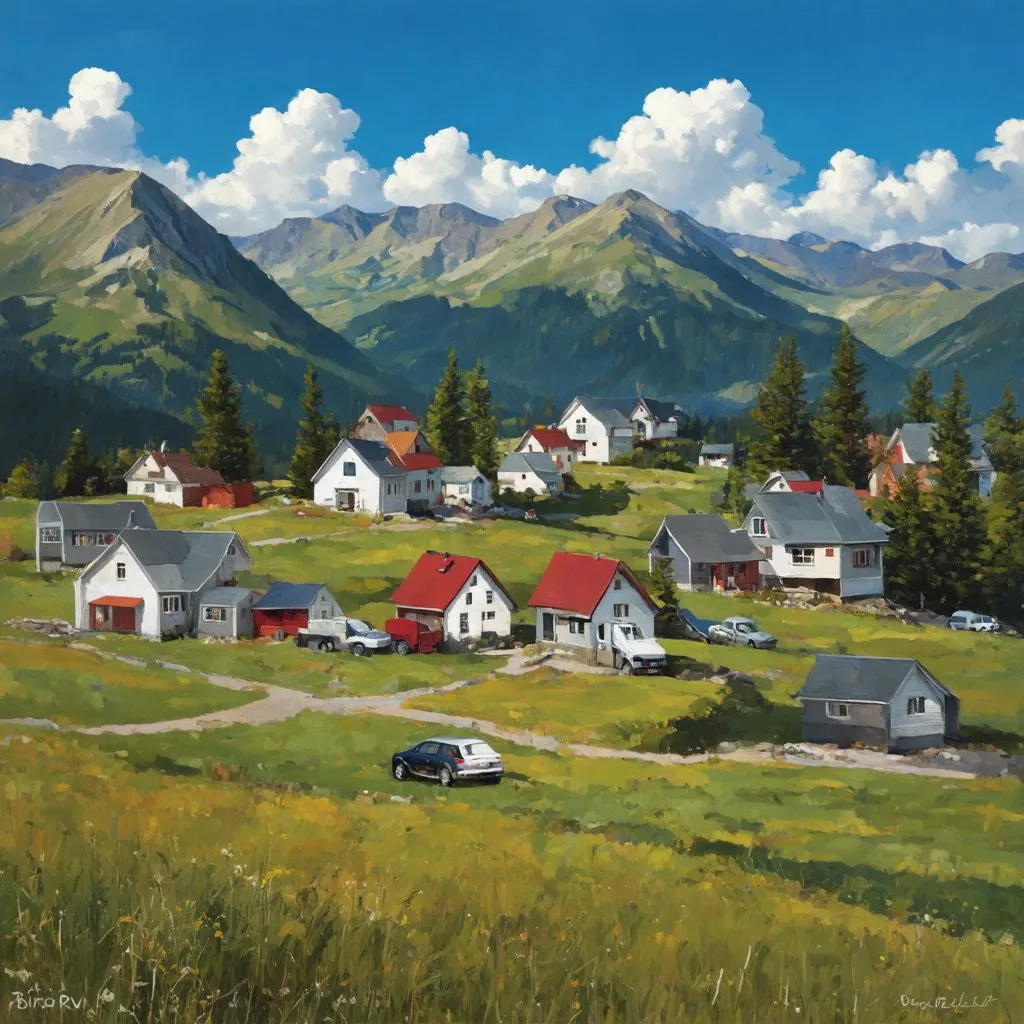 Prompt: Create an image of a serene Norwegian village in the style of Albert Bierstadt. The scene should be depicted from a low angle, showcasing a modern village with contemporary houses and tranquil surroundings. The village should include fields and paths, with cars and trucks visible, adding to the picturesque charm. The overall atmosphere should be peaceful and idyllic, capturing the natural beauty and calmness of the location while blending traditional and modern elements.