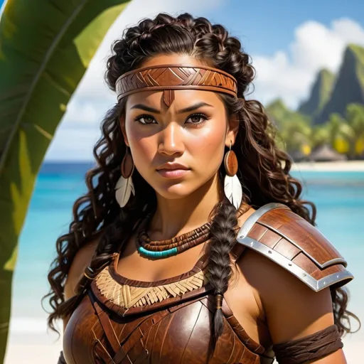 Prompt: Create a Polynesian female warrior with leather armor and a headband. She has typical physical characteristics characteristic of Polynesian peoples in general. She has a strong and stocky build, was tall, had a wide face, wide mouth and a flat nose. Her skin is olive and her hair was dark and curly. The eyes are brown or dark in color. Her posture and facial expression reflected determination and strength