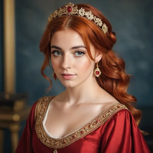 Prompt: Generate a portrait of young 26-years old Greek woman with red hair in a royal dress