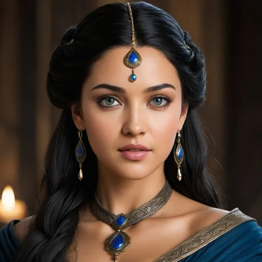 Prompt: Queen Nymeria Arryn had the swarthy complexion of a Dornishwoman, which she inherited from her mother. Her long, raven-black hair was often tied into intricate hairstyles typical of Dornese women, emphasizing her heritage. Nymeria's eyes were deep and mysterious blue, giving her a look of wisdom and insight, despite her youth.

Her facial features—full lips, strong cheekbones, and a slightly upturned nose—were almost identical to those of her mother, which led those who knew her mother, Arianne Martell, to often compare them to two peas in a pod. Nymeria also had a slender, graceful figure, inherited from her mother, giving her a regal, yet slightly predatory, look characteristic of the Dornish.