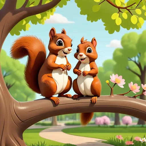 Prompt: two cute squirrels standing on a branch of a beautiful tree in a park in springtime. cartoon style for children, 16:9 scale