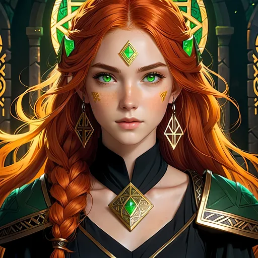 Prompt: Young Woman in a long black dress with  dwarven golden runes, game-rpg fantasy style, anime/cartoon art, fantasy aesthetic, detailed facial features, flowing red hair, vibrant green eyes, freckles, elegant pose, high quality, fantasy, anime, detailed clothing, weapon, beautiful, vibrant color palette, atmospheric lighting