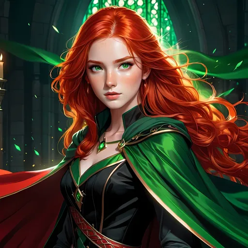 Prompt: Young woman with long red hair, green eyes and freckles, posing in a long black dress with a red cape, game-rpg fantasy style, anime/cartoon art, fantasy aesthetic, detailed facial features, flowing red hair, vibrant green eyes, freckles, elegant pose, high quality, fantasy, anime, detailed clothing, weapon, beautiful, vibrant color palette, atmospheric lighting