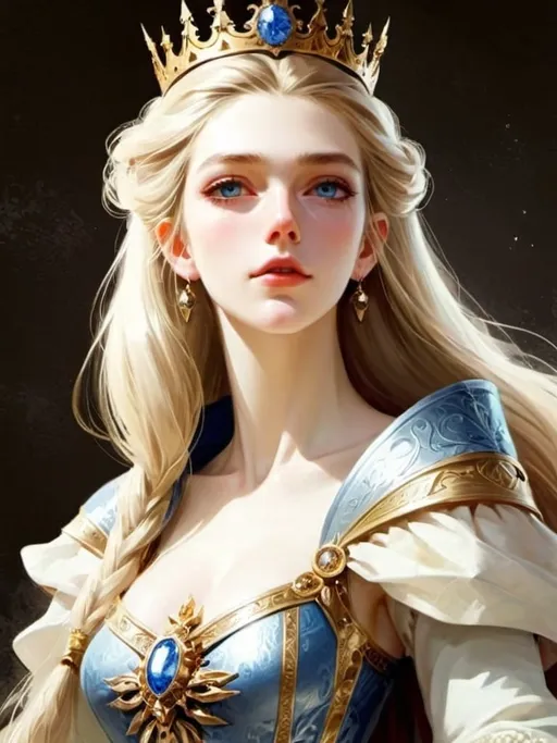 Prompt: Fantasy beautiful blonde queen, woman, pale skin, blue eyed