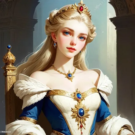 Prompt: Beautiful fantasy queen woman, blonde, pale skin, blue eyed,