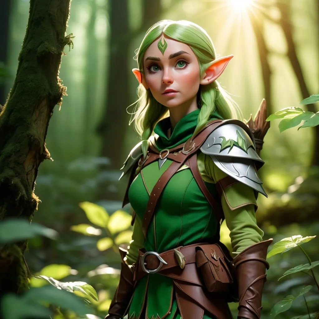 Prompt: Elf ranger in a mystical forest around sunlight