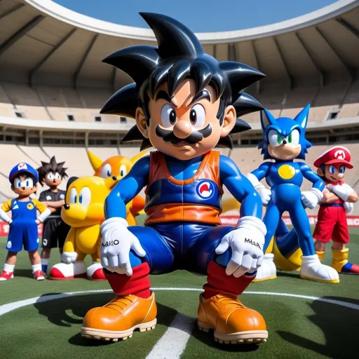 Prompt: Mario, Sonic and other iconic pop culture characters gathered on the pitch of a soccer stadium, listening attentively to the instructions of Son Goku, their strict-looking coach.The atmosphere is studious and concentrated, reflecting the importance of training.The characters are grouped in a circle around Son Goku, their imposing coach.
Mario:Wearing a PSG jersey, his favorite team, Mario kneels on one knee, staring at Son Goku with a determined, focused expression on his face.
Sonic:Wears his team's jersey (replaced by the opposing team).Sits on his heels, elbows resting on his knees.Has an attentive, slightly worried look on his face.
Other characters:Pikachu, the famous electric Pokémon, sits next to Mario, his pointy ears pricked towards Son Goku.
Pac-Man, the iconic video game character, stands behind Sonic, hands clasped in front of him.
Other characters added to the scene
Son Goku:Wears a trainer's tracksuit and soccer cleats.Has his arms crossed over his chest and a strict gaze on his pupils.Gives precise instructions and encourages the characters to give their best.The image can be done in a cartoon style You can add additional elements to the scene, such as soccer balls, training cones .Bright, dynamic lighting to reflect the energy and motivation of the characters.
