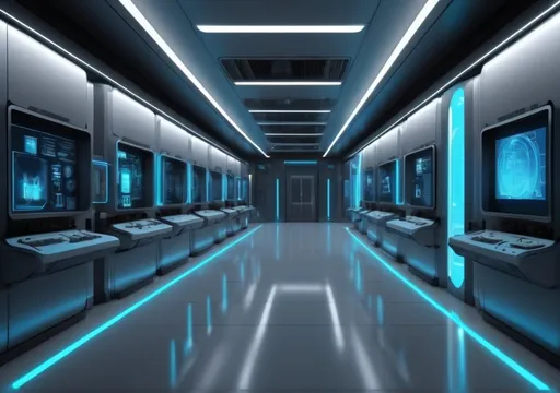 Prompt: (Pasillo científico iluminado), futuristic, high-tech corridor, advanced technology, bright lights, sleek metallic surfaces, holographic displays, glowing screens, blue neon accents, sterile environment, minimalist design, ambient lighting, cutting-edge laboratory, science fiction atmosphere, innovative design elements, complex machinery, ultra-detailed, high resolution, 4K, atmospheric, cool tones, cinematic masterpiece, sense of discovery and innovation, ultra-detailed background elements