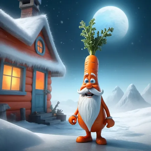 Prompt: A talking carrot seeking Santa on the North Pole, angry Santo in the background, vibrant colors, dramatic lighting, whimsical and surreal, snowy landscape, icy blue and white tones, frosty atmosphere, dynamic expressions, mystical and magical, high definition, ultra-detailed, cinematic quality, misty and foggy background, Santa's workshop in the far distance, sparkling ice crystals, photorealistic, trending on artstation.