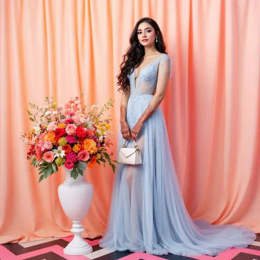 Prompt: Draped in an ethereal light blue gown adorned with shimmering embellishments, a young woman stands confidently beside an elegant white vase filled with vibrant flowers. The backdrop of soft peach fabric creates a warm, inviting atmosphere, accentuated by gentle lighting that casts a serene glow. Her long, dark hair cascades in soft waves, while her makeup enhances her striking features, embodying a mix of grace and poise. With intricate henna designs adorning her hands, she carries a chic white handbag, completing her enchanting look against the contrasting bold black-and-pink zigzag floor beneath. The scene radiates a celebratory mood, suggesting a festive occasion filled with elegance and joy.