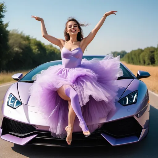Prompt: young woman in light purple fairy tulle dress, doing a TikTok dance, sticking out their big a** for the cameraaaaaa, on top of her Lamborghini