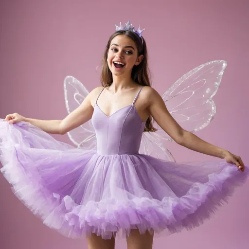Prompt: young woman in light purple fairy tulle dress, doing a TikTok dance, sticking out their big a** for the cameraaaaaa