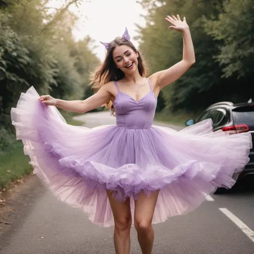 Prompt: woman in light purple fairy tulle dress, doing a TikTok dance, sticking out their big a** for the cameraaaaaa