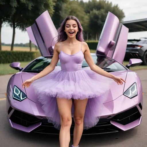 Prompt: young woman in light purple fairy tulle dress, doing a TikTok dance, sticking out their big a** for the cameraaaaaa, in front of her Lamborghini