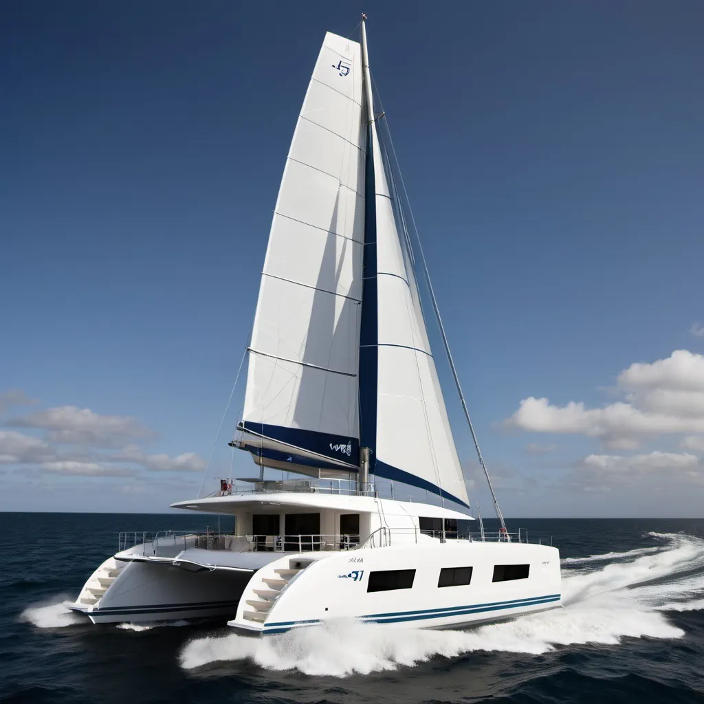 Prompt: a Privilege 51 Catamaran at sea. In photo quality. Make it for a technology company brochure front