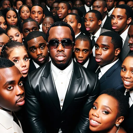 Prompt: generate picture of Diddy being surrounded by 100 black people with big 

